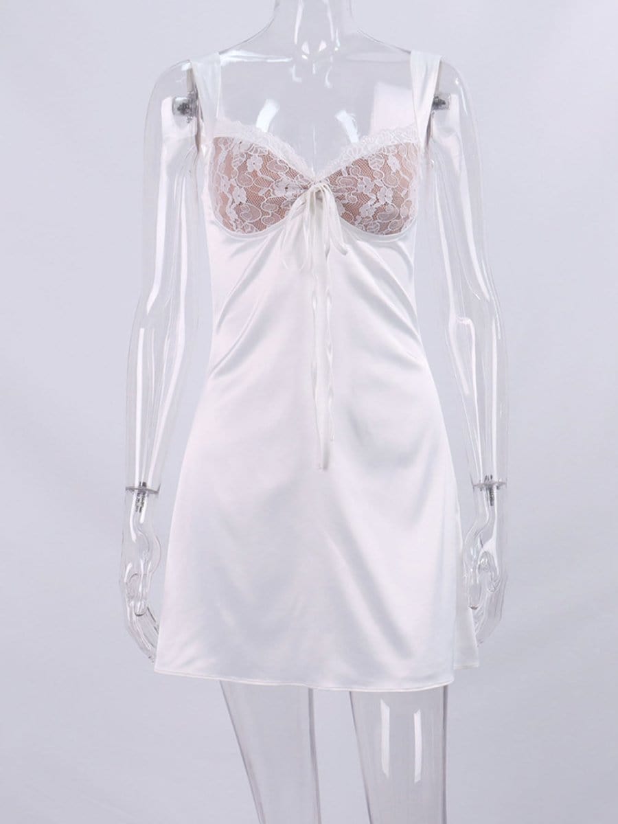 White Lace Cup Sweetheart Spaghetti Strap Corset Bodice A-Line Mini Dress
