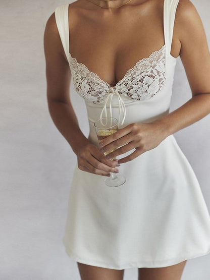 White Lace Cup Sweetheart Spaghetti Strap Corset Bodice A-Line Mini Dress