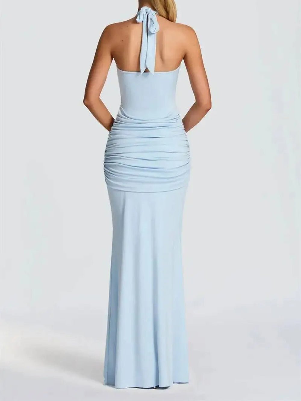 Blue Halter Neck Deep Scoop Ruched Knot Front Drape Maxi Dress