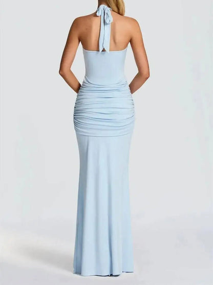 Blue Halter Neck Deep Scoop Ruched Knot Front Drape Maxi Dress