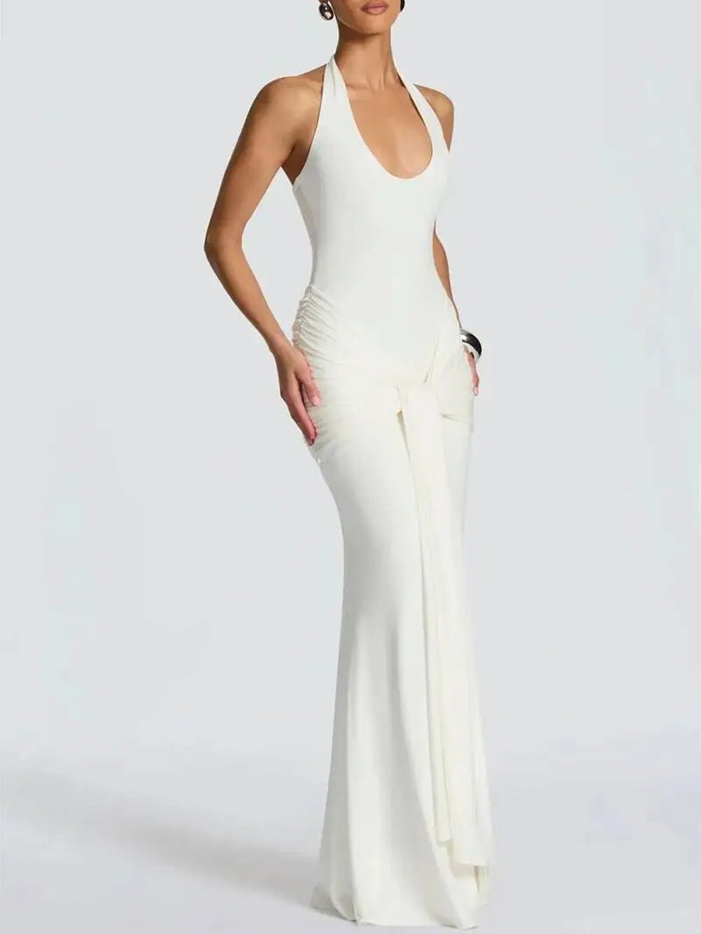 White Halter Neck Deep Scoop Ruched Knot Front Drape Maxi Dress