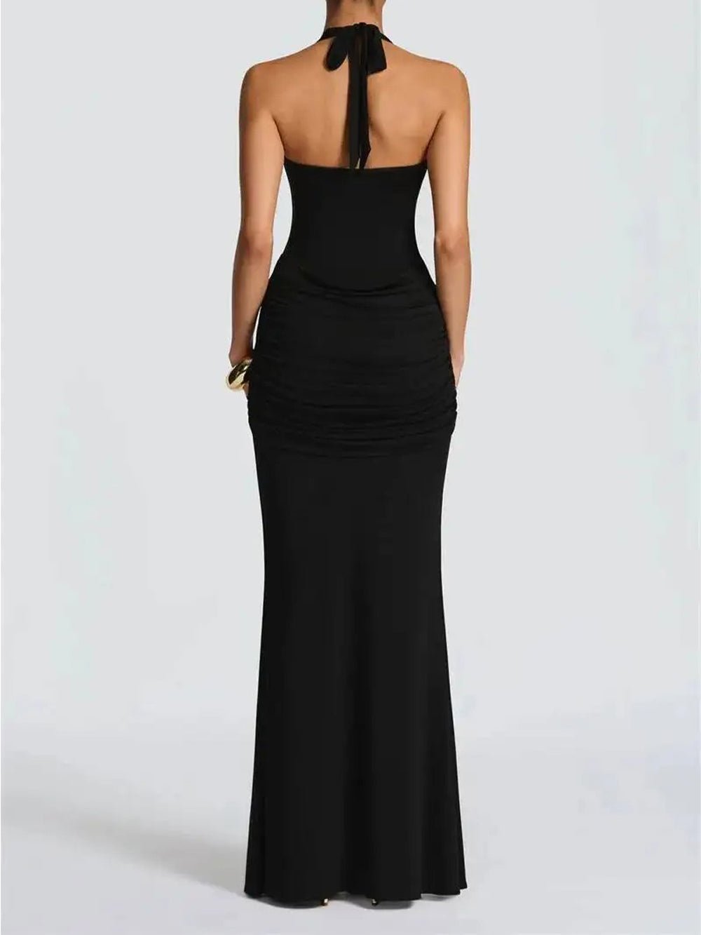 Black Halter Neck Deep Scoop Ruched Knot Front Drape Maxi Dress