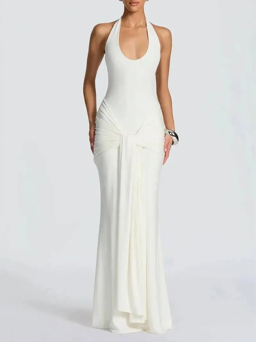 White Halter Neck Deep Scoop Ruched Knot Front Drape Maxi Dress