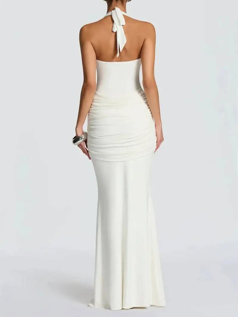 White Halter Neck Deep Scoop Ruched Knot Front Drape Maxi Dress