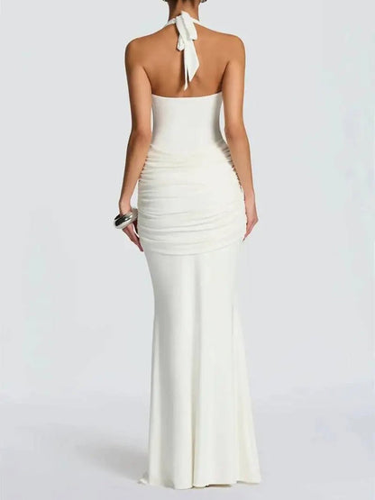 White Halter Neck Deep Scoop Ruched Knot Front Drape Maxi Dress