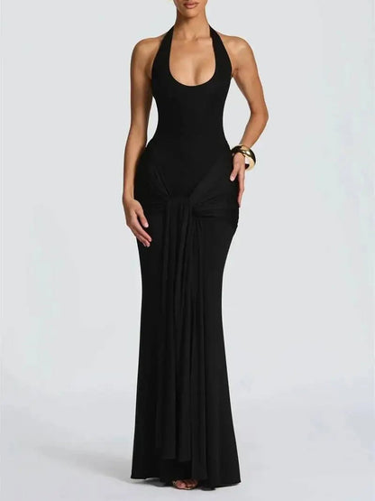 Black Halter Neck Deep Scoop Ruched Knot Front Drape Maxi Dress