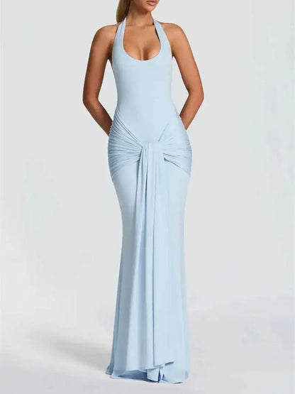 Blue Halter Neck Deep Scoop Ruched Knot Front Drape Maxi Dress
