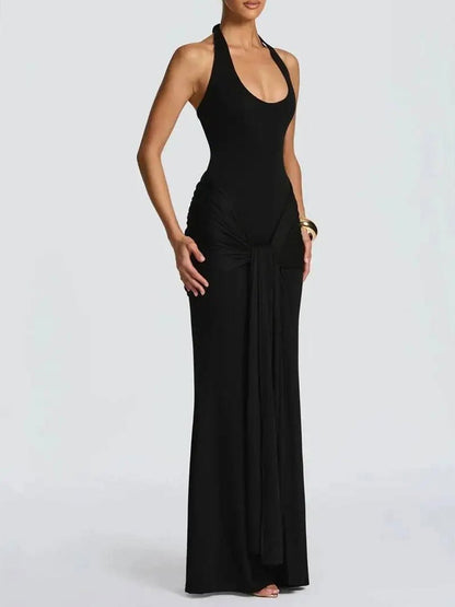 Black Halter Neck Deep Scoop Ruched Knot Front Drape Maxi Dress