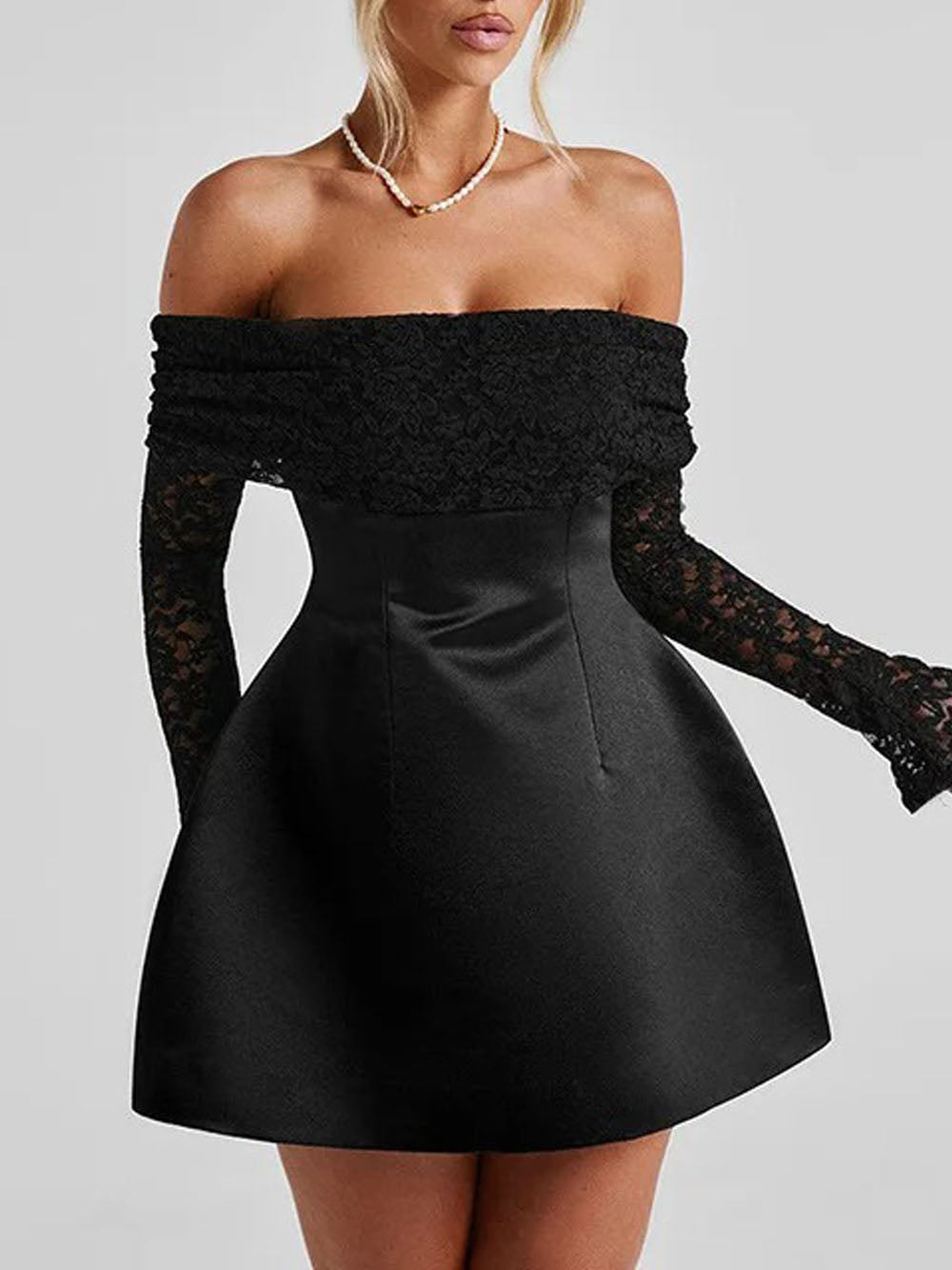 Black Off Shoulder Lace Sleeve Fit and Flare Satin Mini Dress