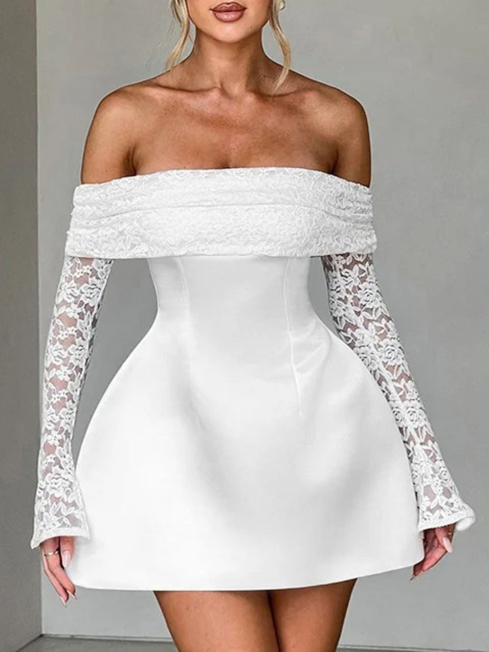 White Off Shoulder Lace Sleeve Fit and Flare Satin Mini Dress