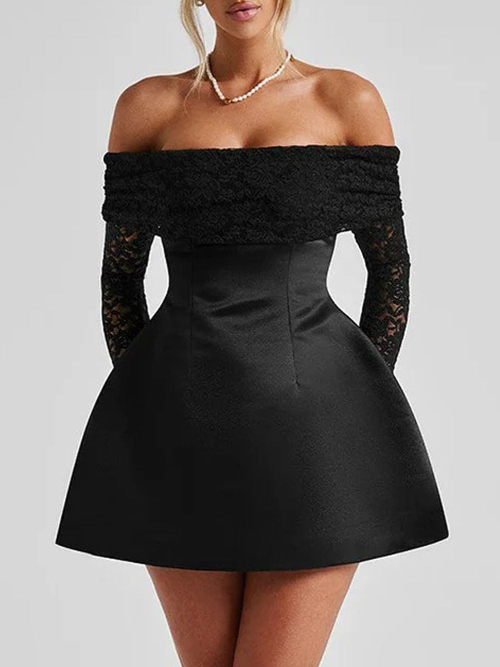 Black Off Shoulder Lace Sleeve Fit and Flare Satin Mini Dress