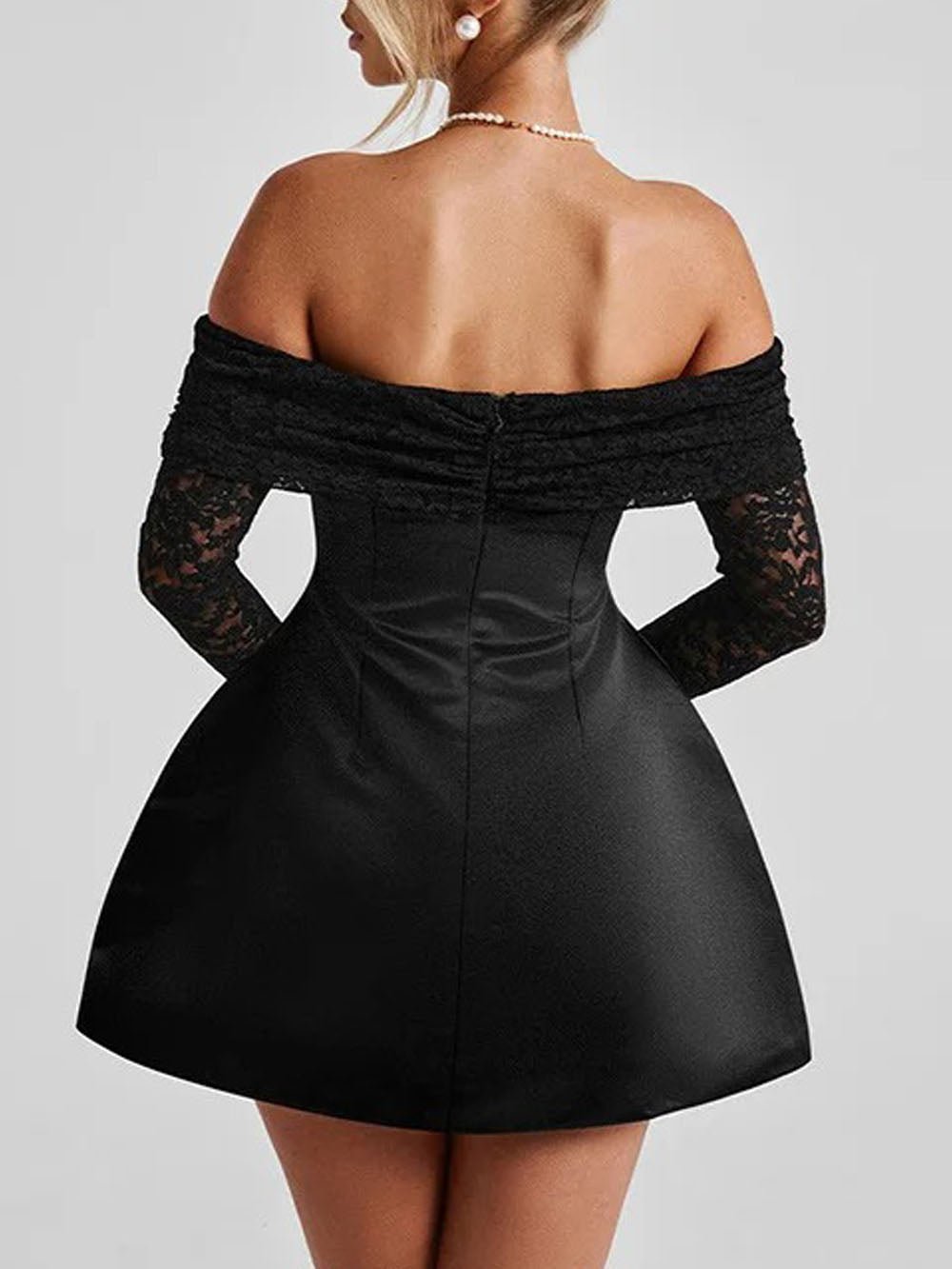 Black Off Shoulder Lace Sleeve Fit and Flare Satin Mini Dress