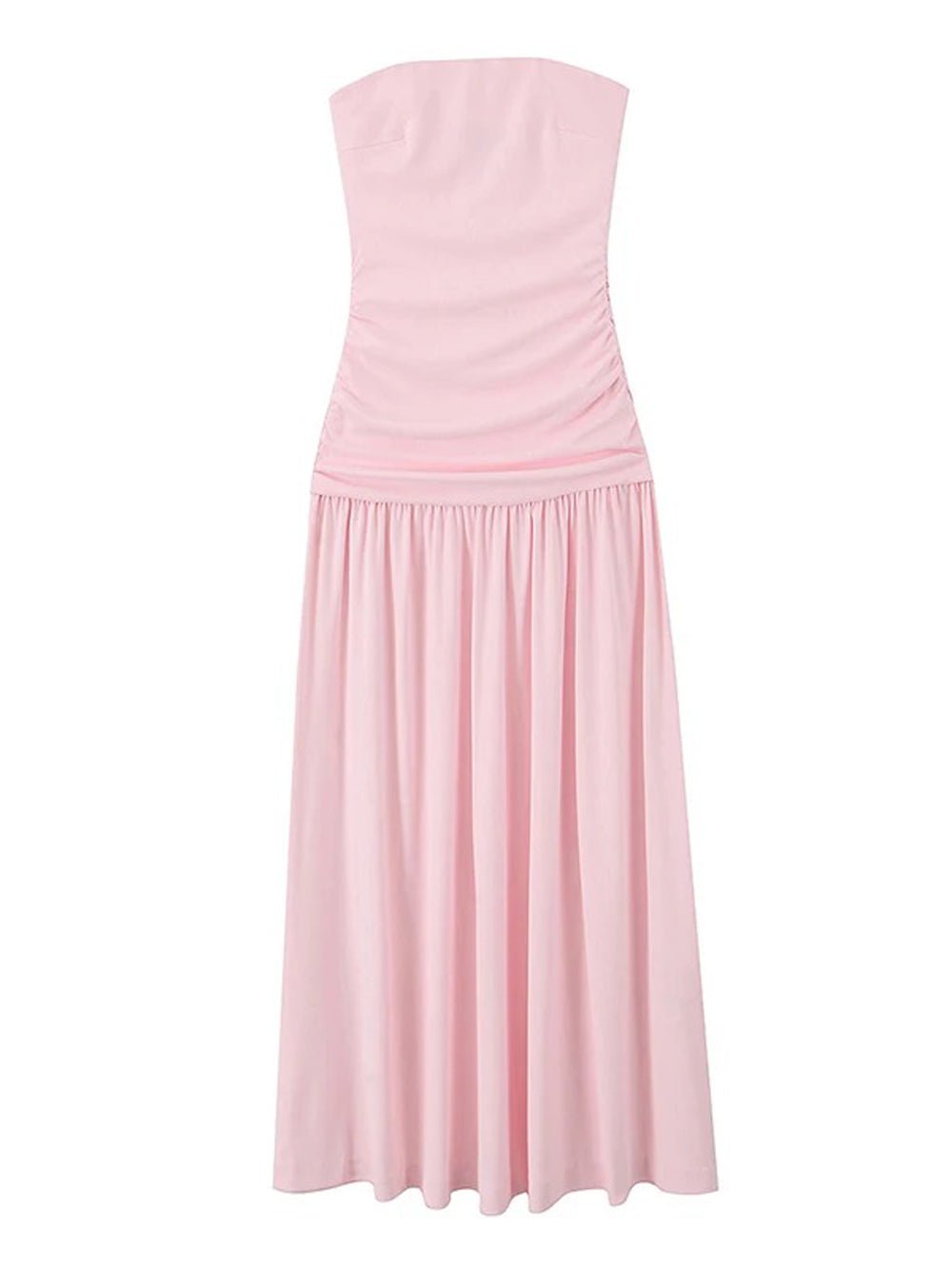 Pink Strapless Ruched Gathered Bodice Pleated Flowy Maxi Dress
