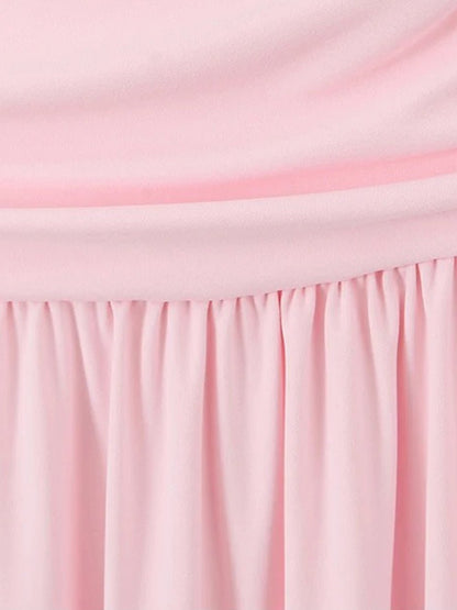 Pink Strapless Ruched Gathered Bodice Pleated Flowy Maxi Dress
