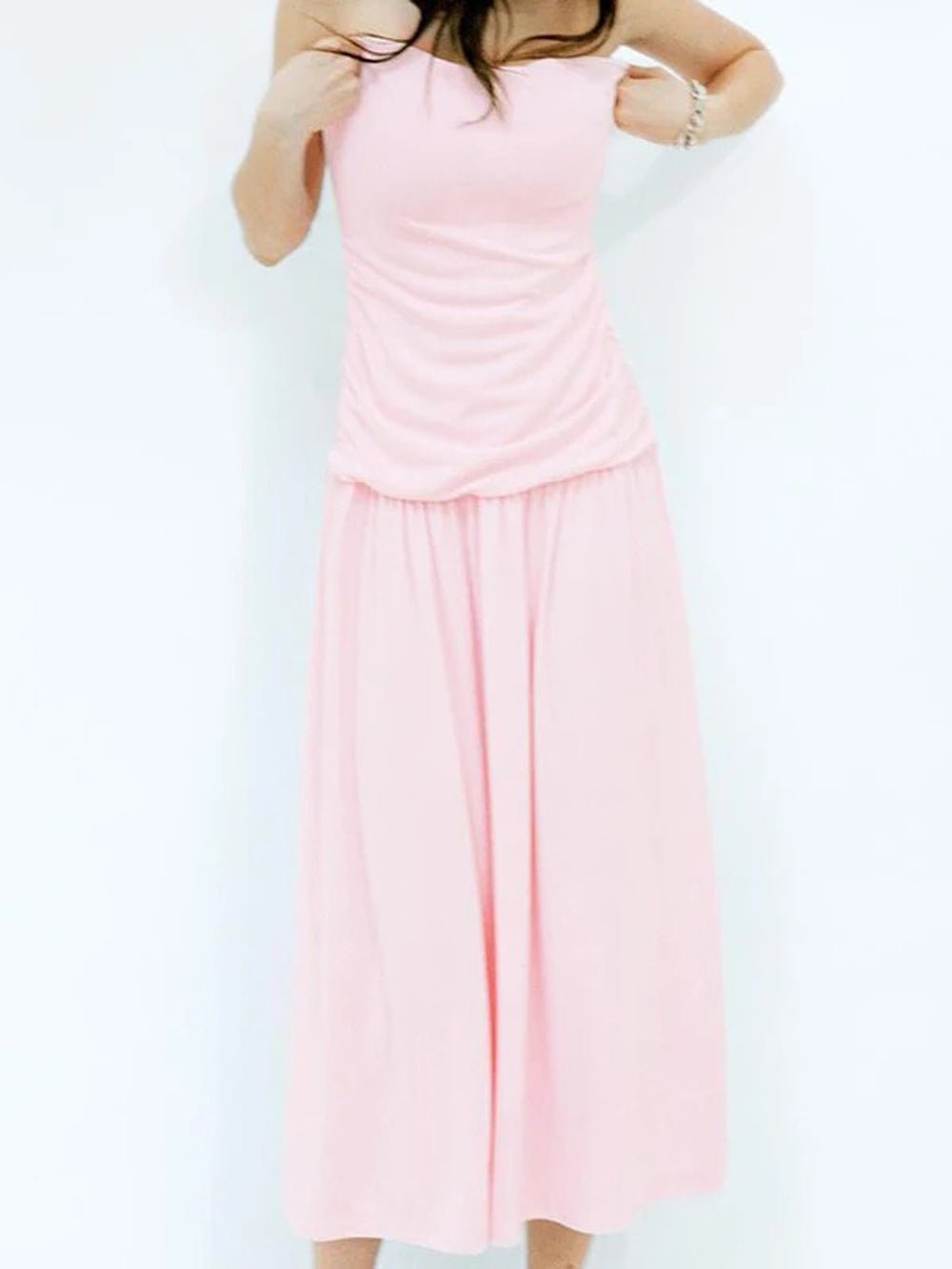 Pink Strapless Ruched Gathered Bodice Pleated Flowy Maxi Dress