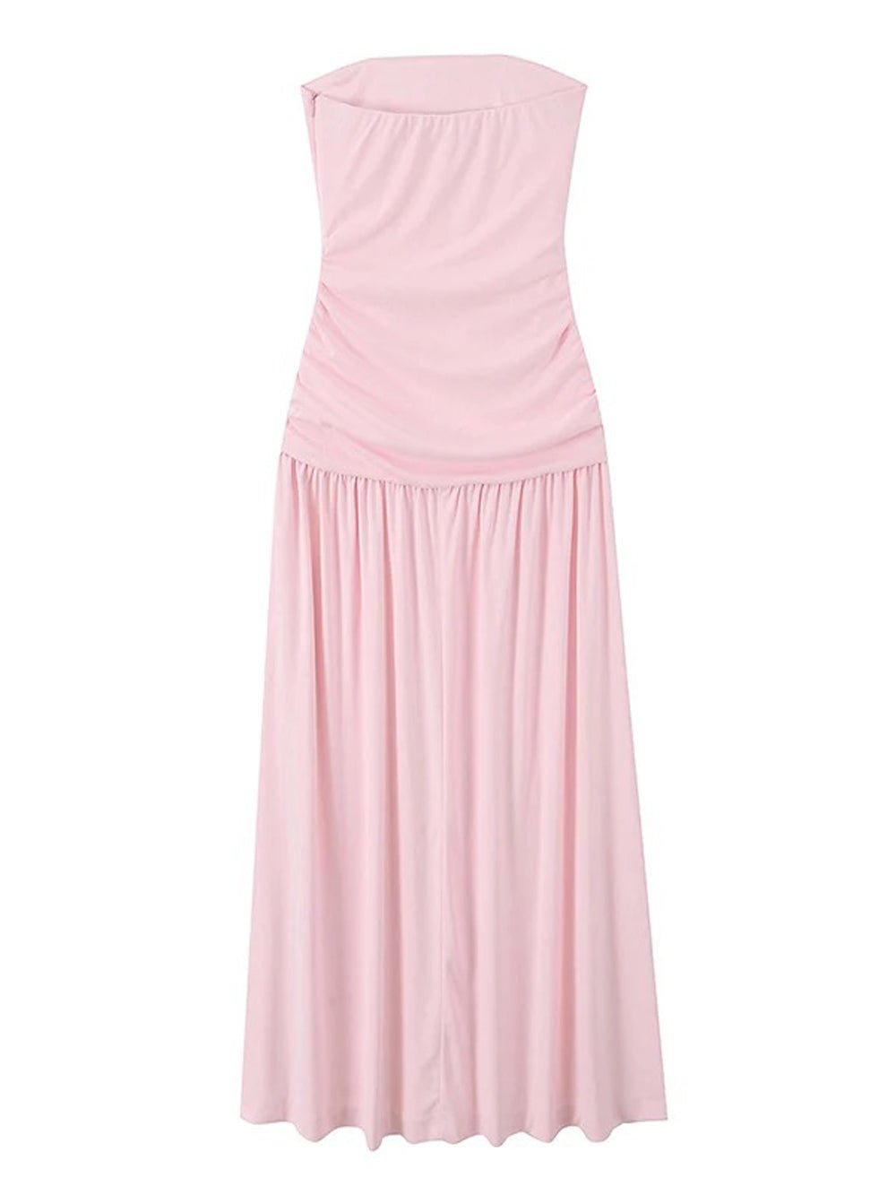 Pink Strapless Ruched Gathered Bodice Pleated Flowy Maxi Dress