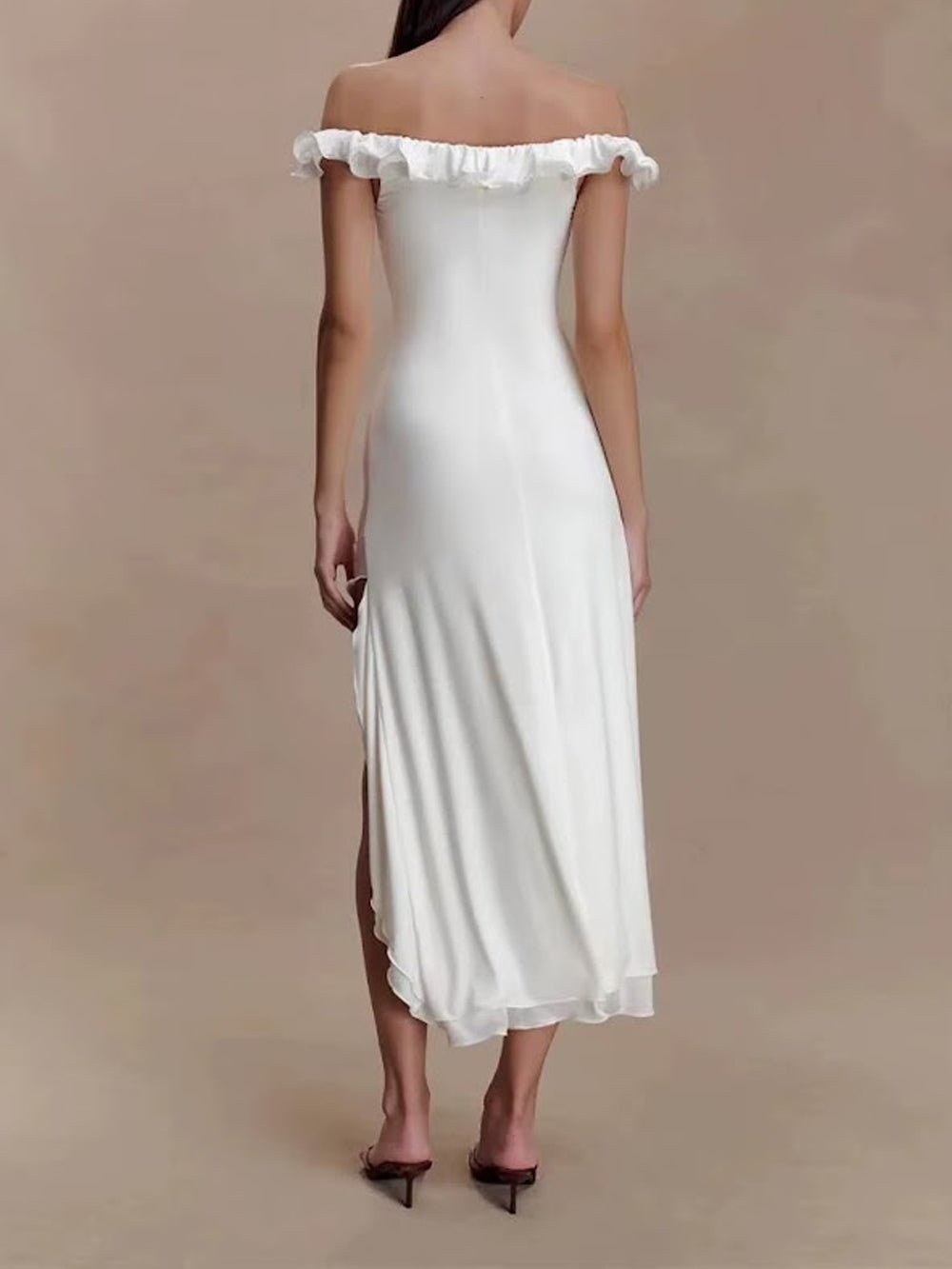 Satin Off Shoulder Ruffle Trim Keyhole Cut Out Wrap Side Slit Asymmetric Hem Midi Dress