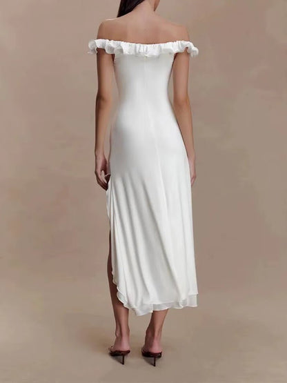 Satin Off Shoulder Ruffle Trim Keyhole Cut Out Wrap Side Slit Asymmetric Hem Midi Dress