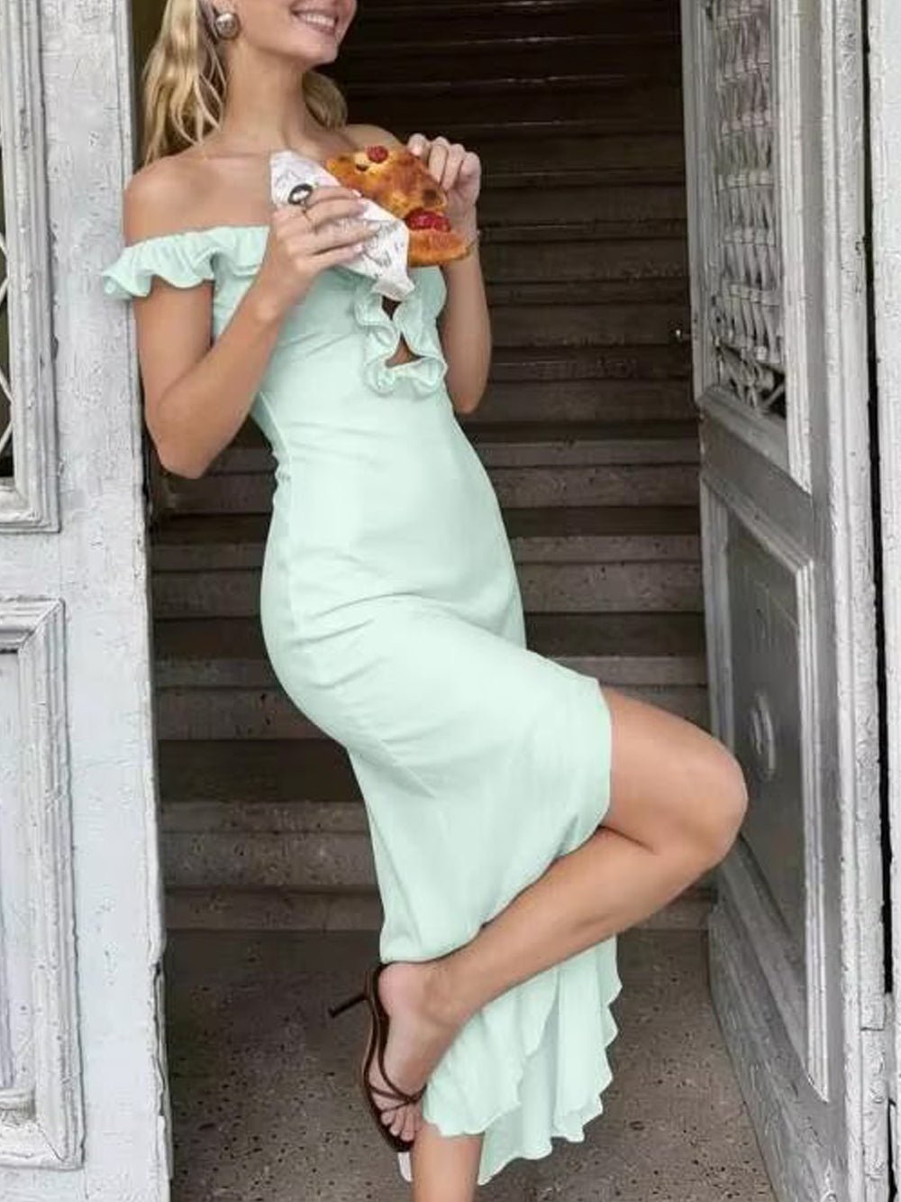 Satin Off Shoulder Ruffle Trim Keyhole Cut Out Wrap Side Slit Asymmetric Hem Midi Dress