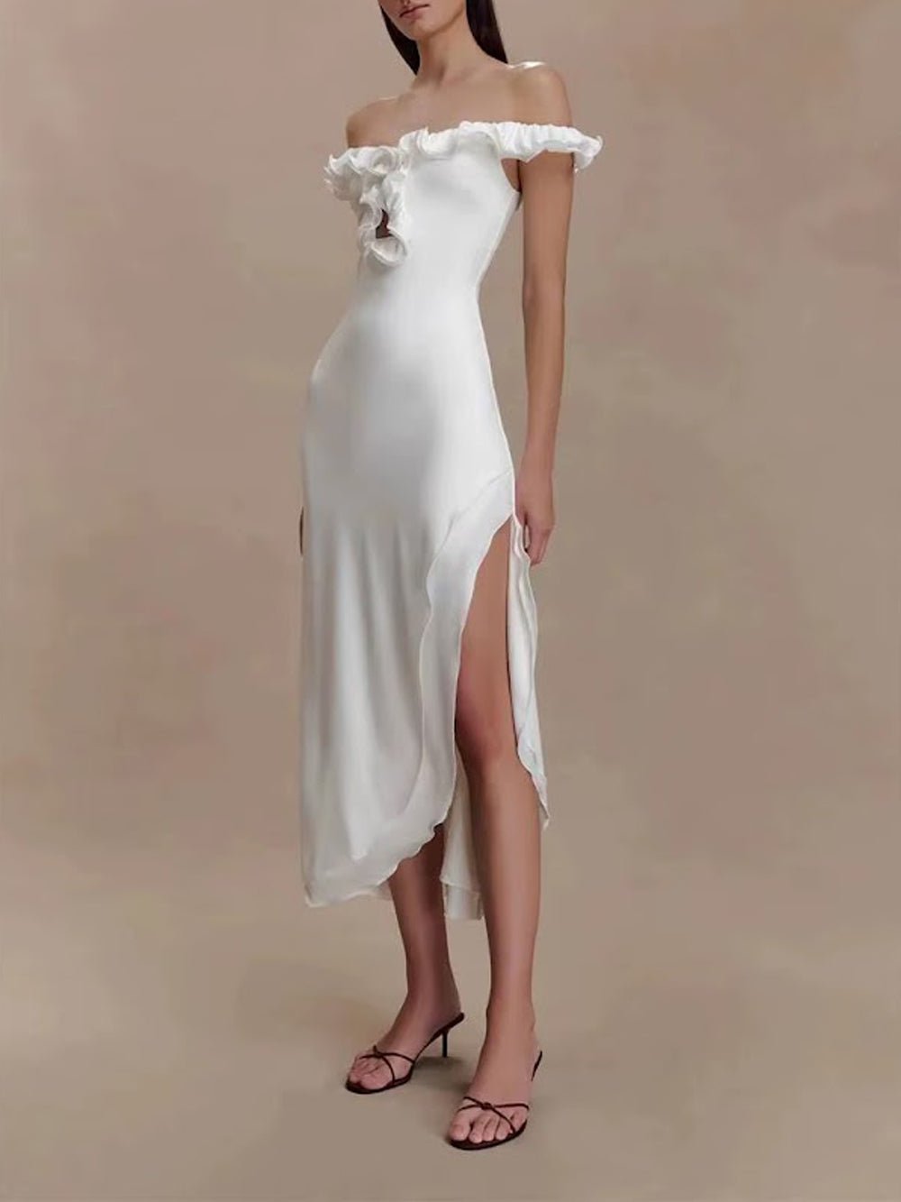 Satin Off Shoulder Ruffle Trim Keyhole Cut Out Wrap Side Slit Asymmetric Hem Midi Dress