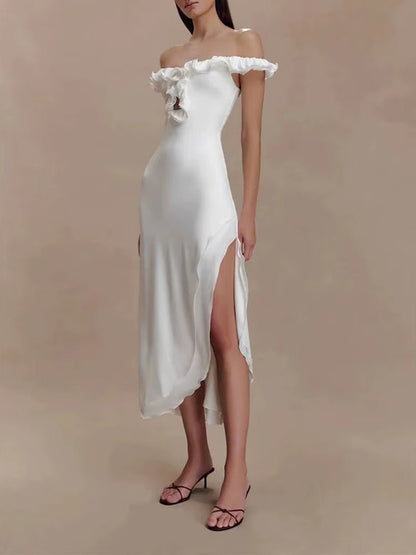 Satin Off Shoulder Ruffle Trim Keyhole Cut Out Wrap Side Slit Asymmetric Hem Midi Dress