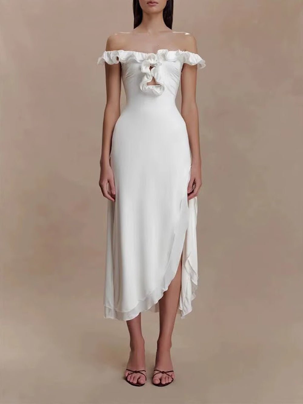 Satin Off Shoulder Ruffle Trim Keyhole Cut Out Wrap Side Slit Asymmetric Hem Midi Dress