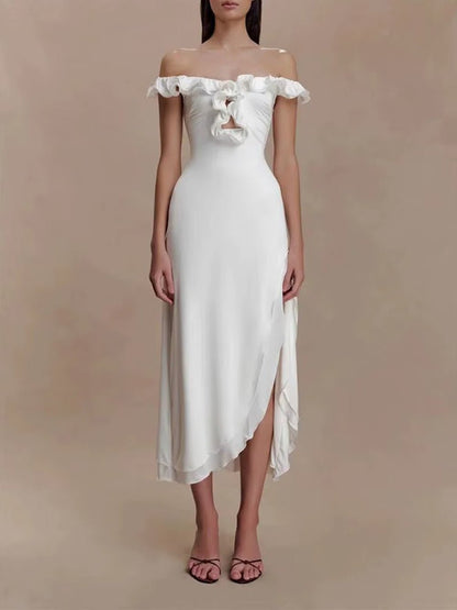 Satin Off Shoulder Ruffle Trim Keyhole Cut Out Wrap Side Slit Asymmetric Hem Midi Dress