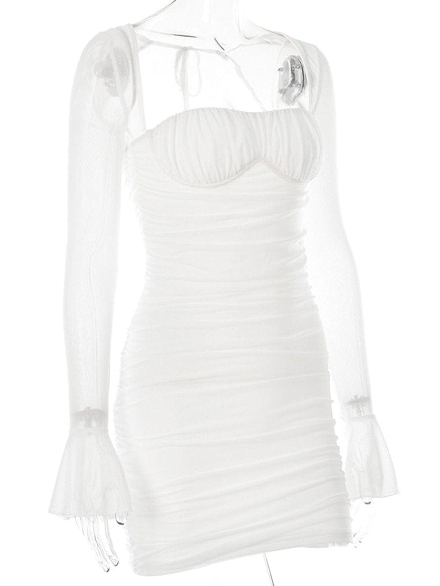 Ruched Bustier Mesh Bell Sleeve Bodycon Mini Dress