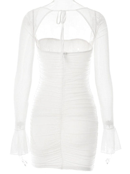 Ruched Bustier Mesh Bell Sleeve Bodycon Mini Dress