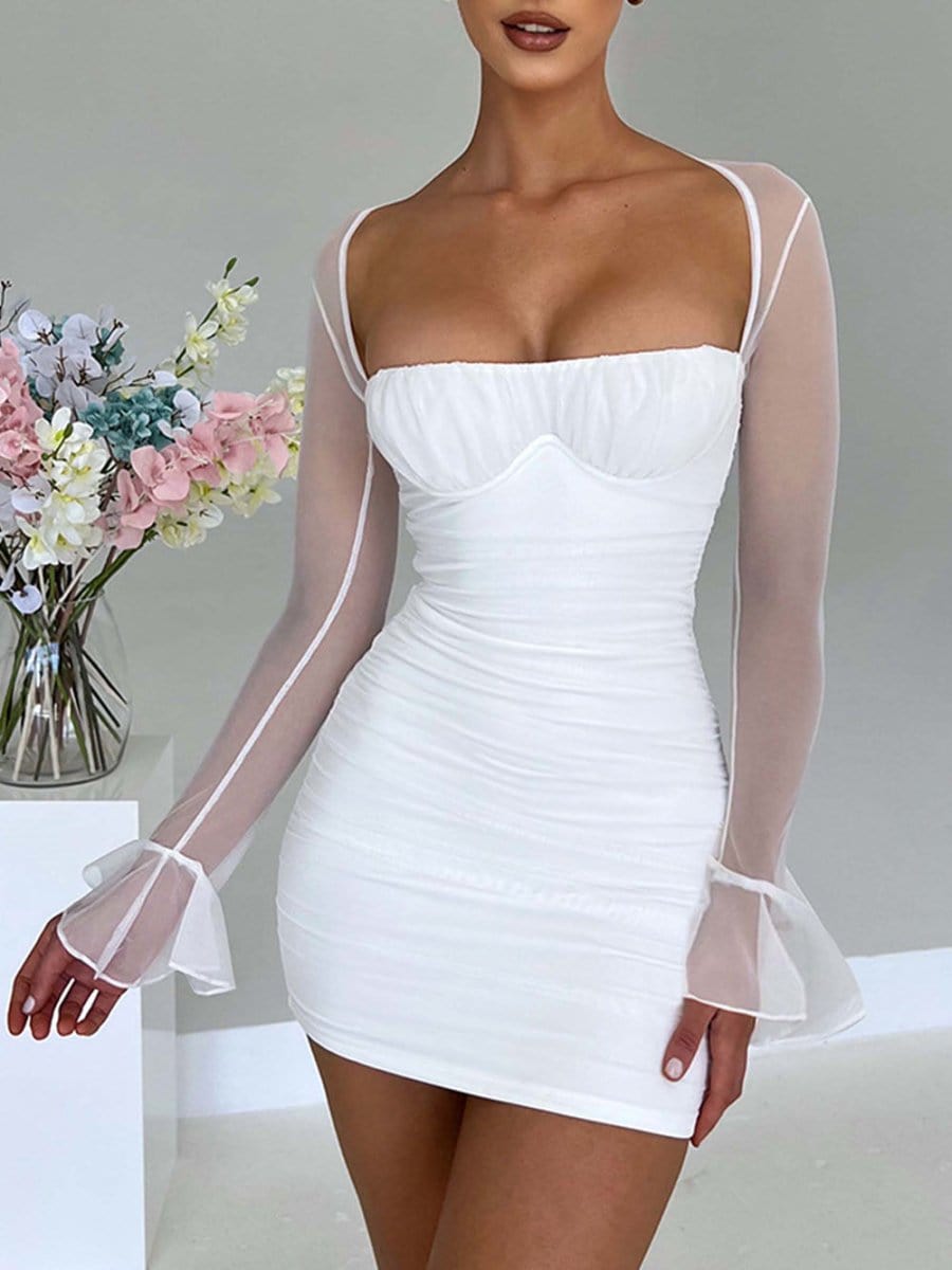 Ruched Bustier Mesh Bell Sleeve Bodycon Mini Dress