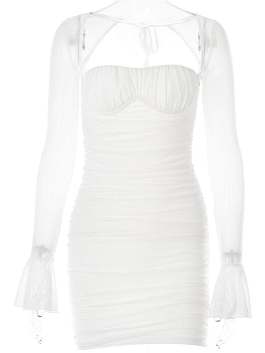 Ruched Bustier Mesh Bell Sleeve Bodycon Mini Dress