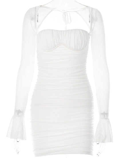 Ruched Bustier Mesh Bell Sleeve Bodycon Mini Dress