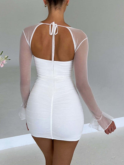 Ruched Bustier Mesh Bell Sleeve Bodycon Mini Dress