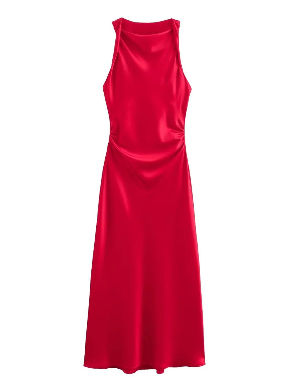 Satin Cowl Neck Wide Strap Ruched Waist Bias Cut Midi Dress