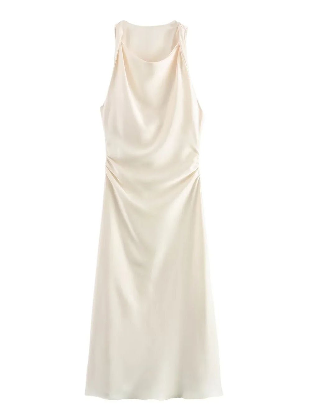 Satin Cowl Neck Wide Strap Ruched Waist Bias Cut Midi Dress