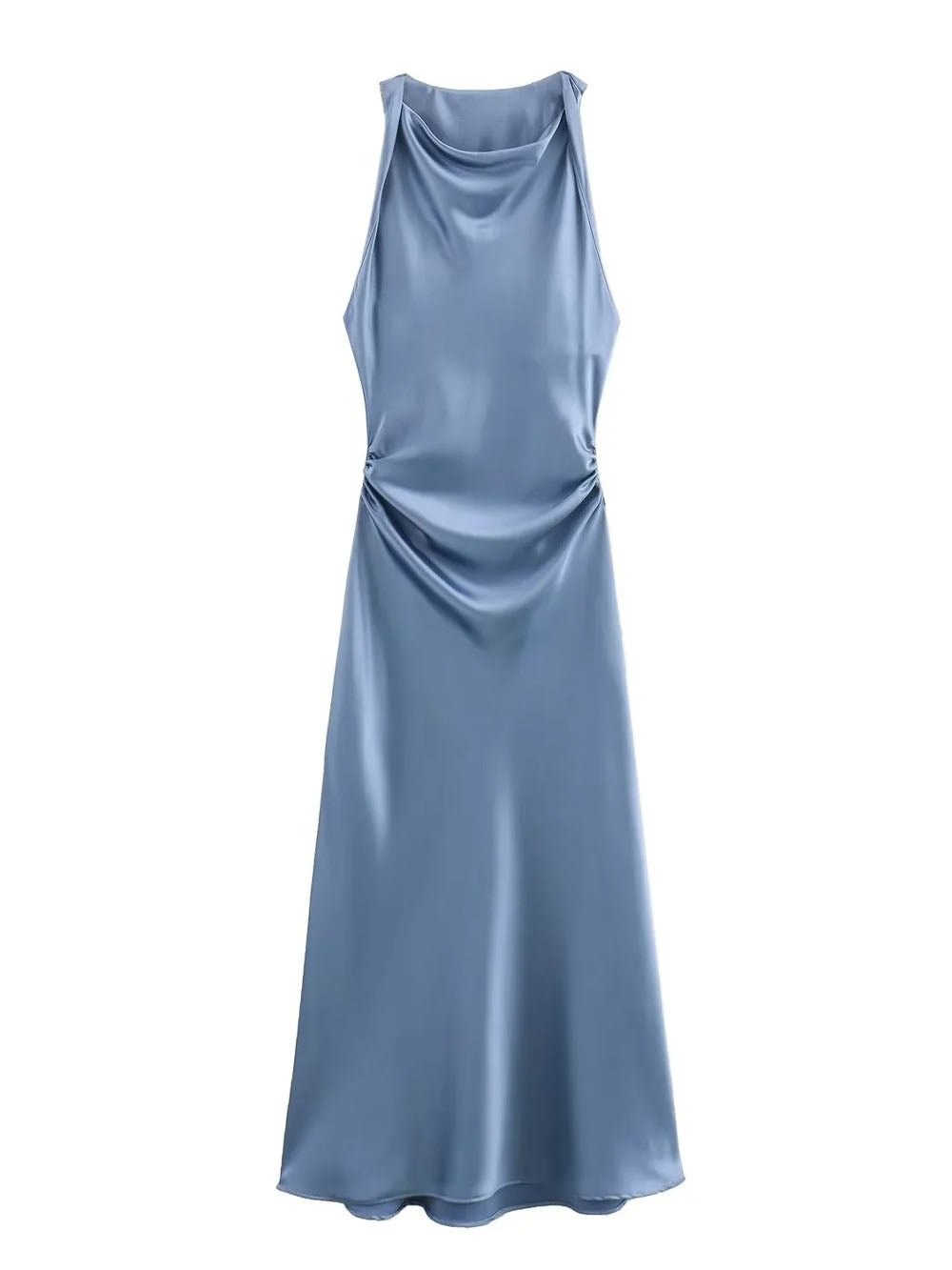 Satin Cowl Neck Wide Strap Ruched Waist Bias Cut Midi Dress