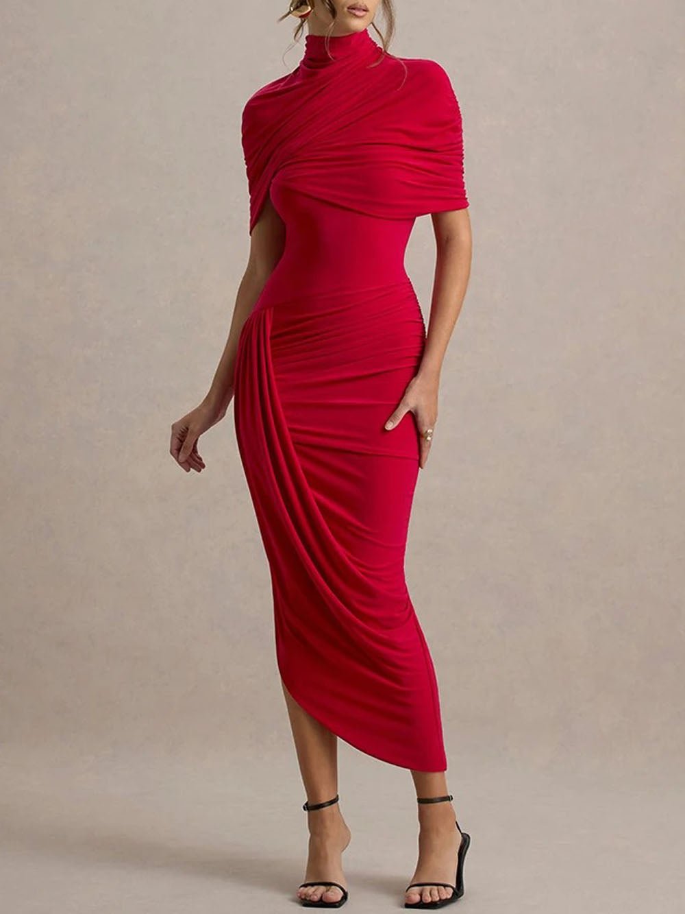 Mock Neck Asymmetric Drape Ruched Tulip Wrap Hem Maxi Dress