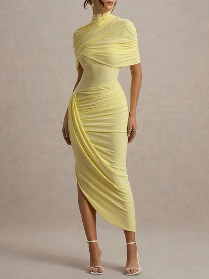 Mock Neck Asymmetric Drape Ruched Tulip Wrap Hem Maxi Dress