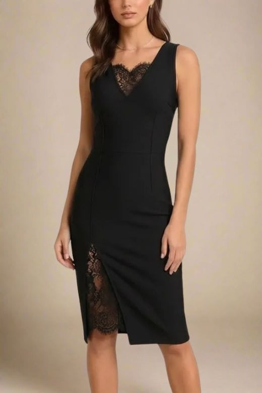 Classic Black Deep V-Neck Lace Insert Side Slit Lace Underlay Sleeveless Midi Dress