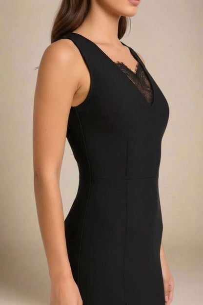 Classic Black Deep V-Neck Lace Insert Side Slit Lace Underlay Sleeveless Midi Dress
