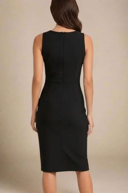 Classic Black Deep V-Neck Lace Insert Side Slit Lace Underlay Sleeveless Midi Dress