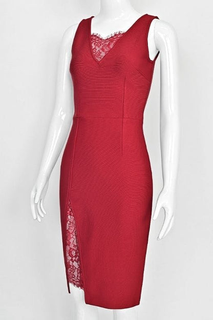 Red Wine Deep V-Neck Lace Insert Side Slit Lace Underlay Sleeveless Midi Dress