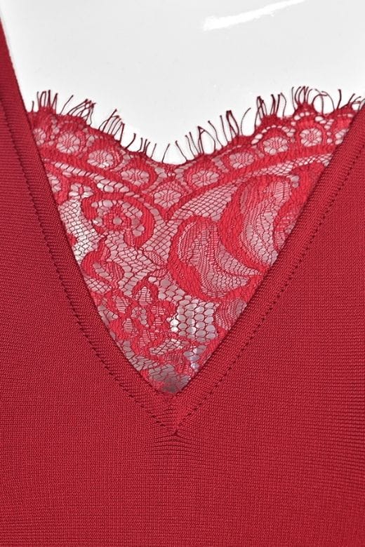 Red Wine Deep V-Neck Lace Insert Side Slit Lace Underlay Sleeveless Midi Dress