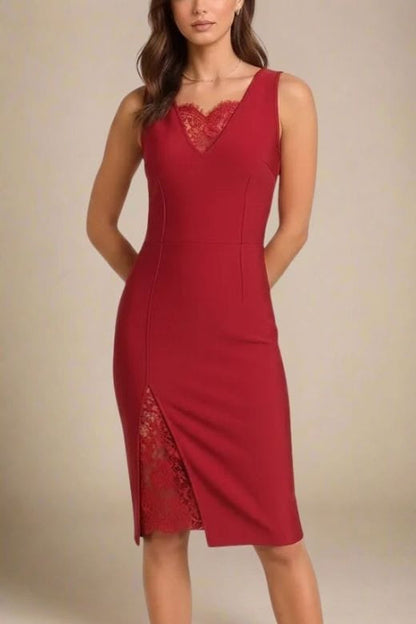 Red Wine Deep V-Neck Lace Insert Side Slit Lace Underlay Sleeveless Midi Dress