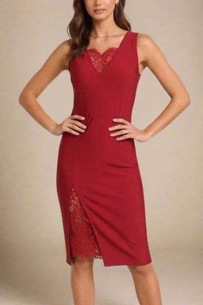 Red Wine Deep V-Neck Lace Insert Side Slit Lace Underlay Sleeveless Midi Dress
