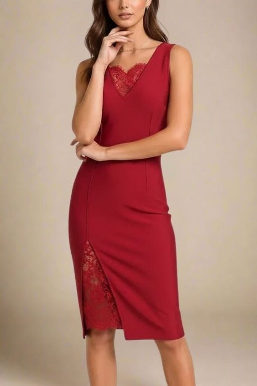 Red Wine Deep V-Neck Lace Insert Side Slit Lace Underlay Sleeveless Midi Dress