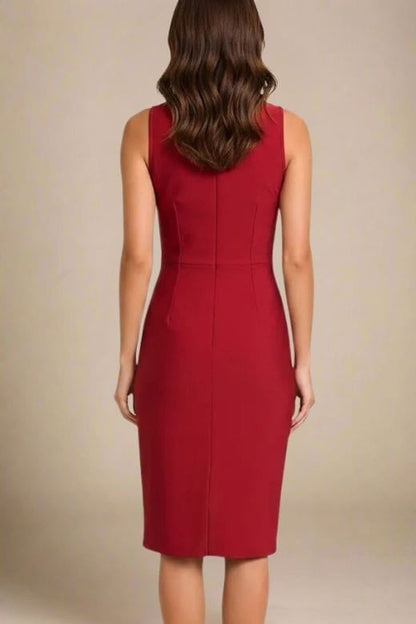 Red Wine Deep V-Neck Lace Insert Side Slit Lace Underlay Sleeveless Midi Dress