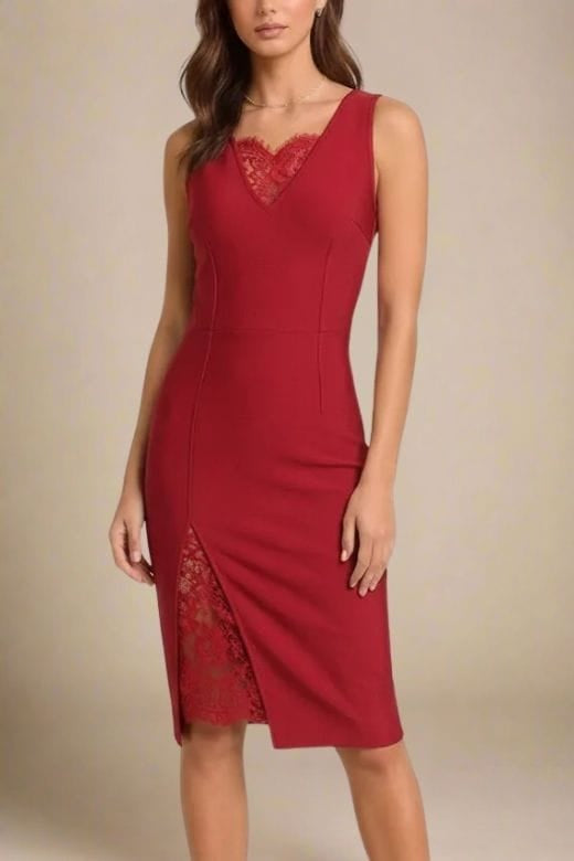 Red Wine Deep V-Neck Lace Insert Side Slit Lace Underlay Sleeveless Midi Dress