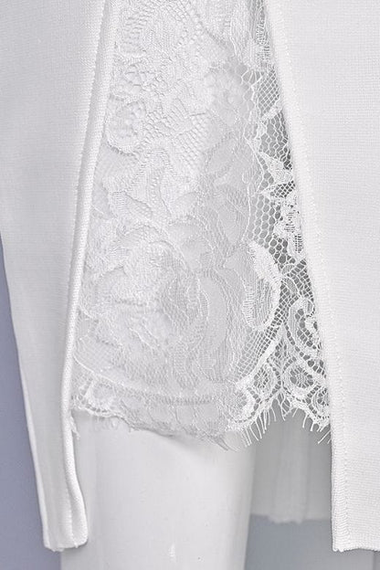 White Pearl Deep V-Neck Lace Insert Side Slit Lace Underlay Sleeveless Midi Dress