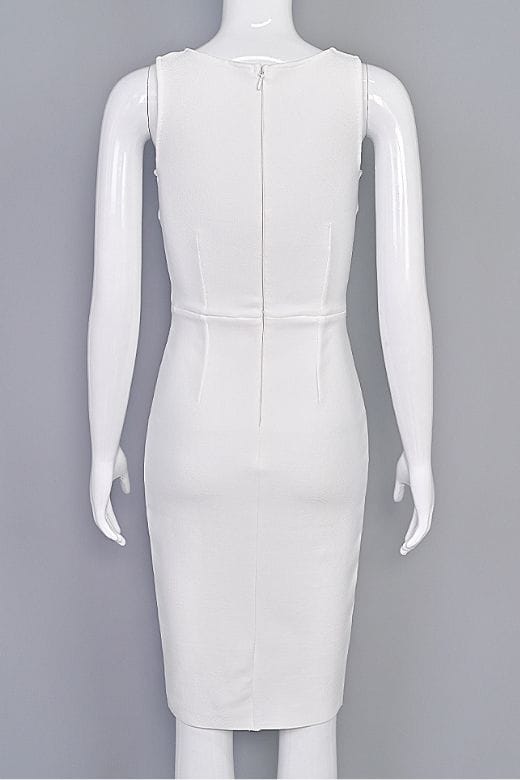 White Pearl Deep V-Neck Lace Insert Side Slit Lace Underlay Sleeveless Midi Dress